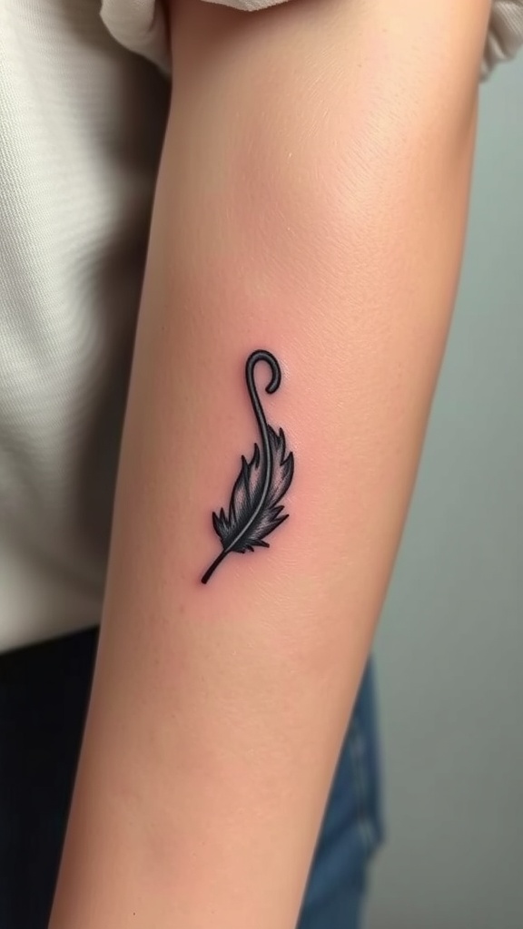 A tiny music note tattoo with a feather design.