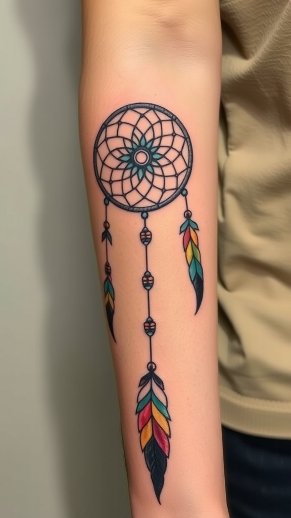 A colorful traditional Native American dreamcatcher tattoo on a person's chest.