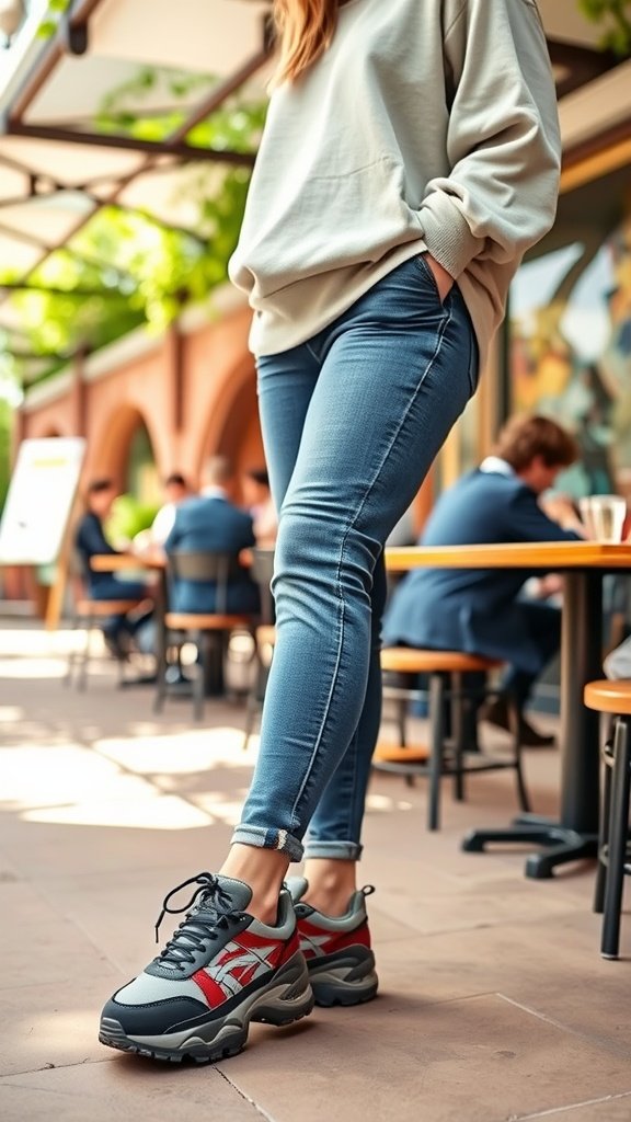 A person wearing chunky sneakers and a sweatshirt while standing outside a café.