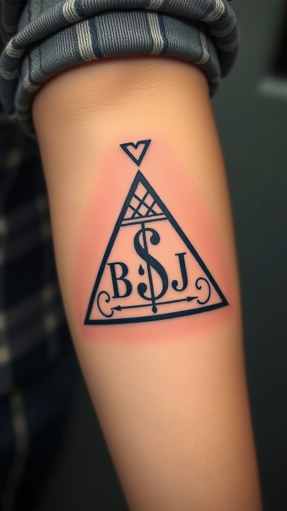Triangle tattoo featuring the letters A and W with the number 21