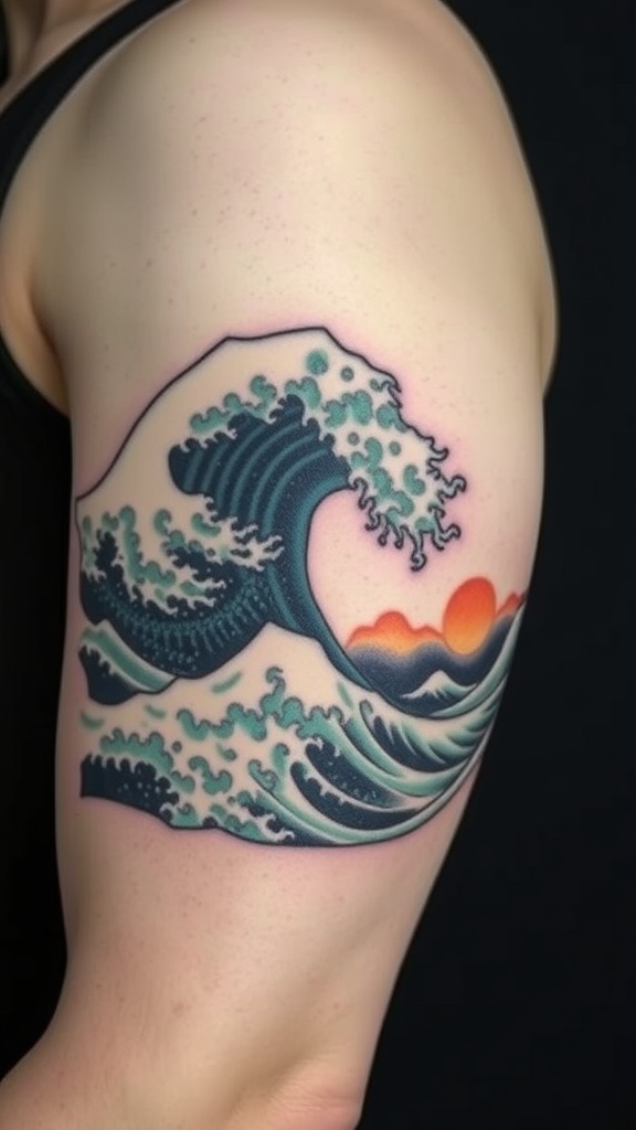A colorful tsunami wave tattoo on an arm, featuring bold lines and a sunset.