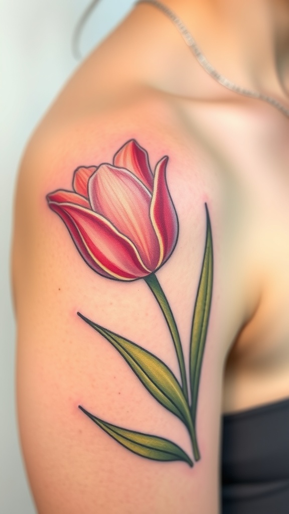 A vibrant tulip tattoo on a person's shoulder.