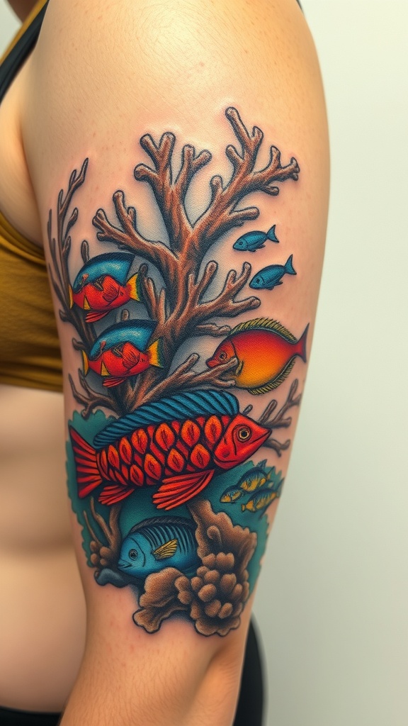 A colorful underwater coral reef tattoo featuring various fish and coral on an arm.