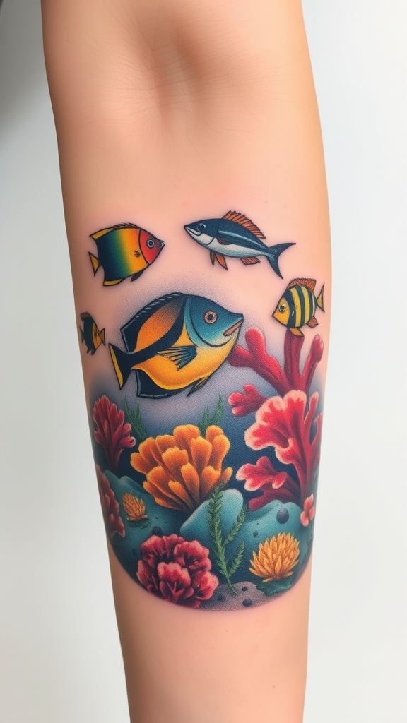 A colorful underwater coral reef tattoo featuring various fish and corals.