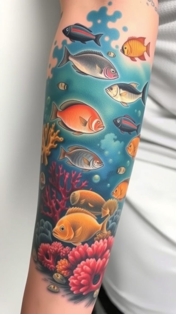 A colorful underwater scene tattoo featuring various fish and coral.