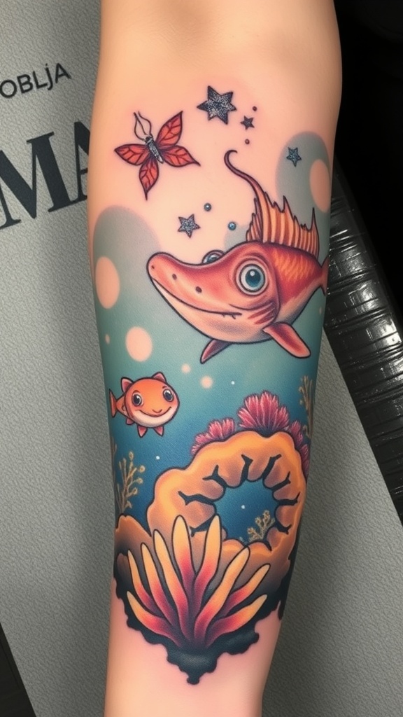 A vibrant tattoo featuring a playful fish, a butterfly, and underwater elements.