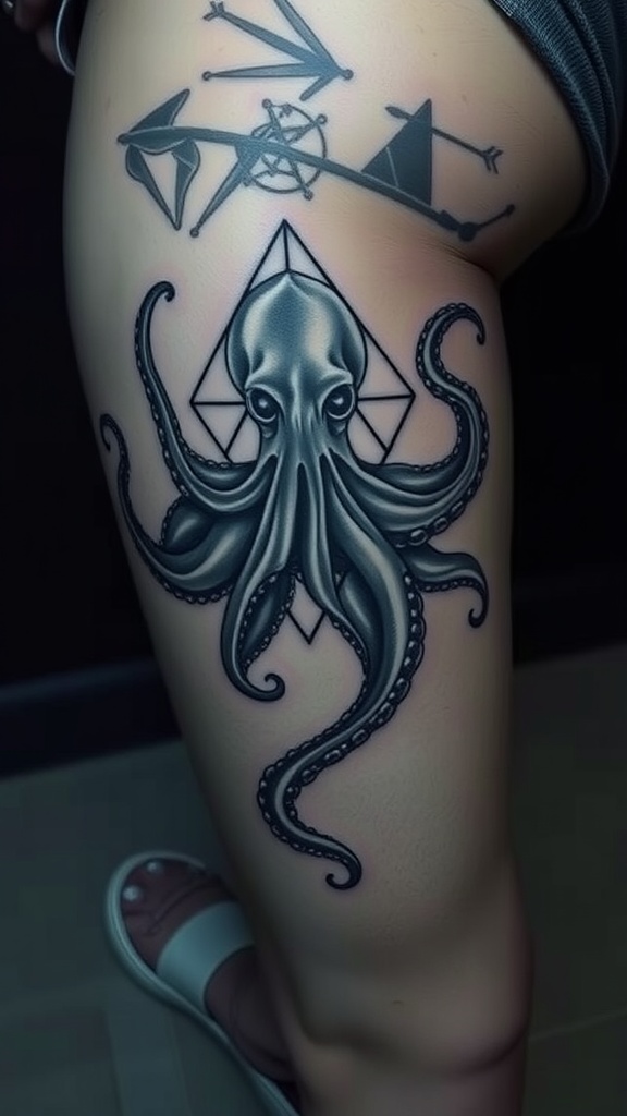 A geometric octopus tattoo on a thigh, featuring sharp lines and shapes.