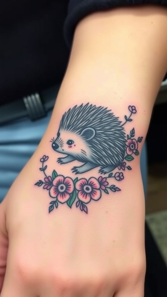 A cute hedgehog tattoo surrounded by flowers on a person's hand.