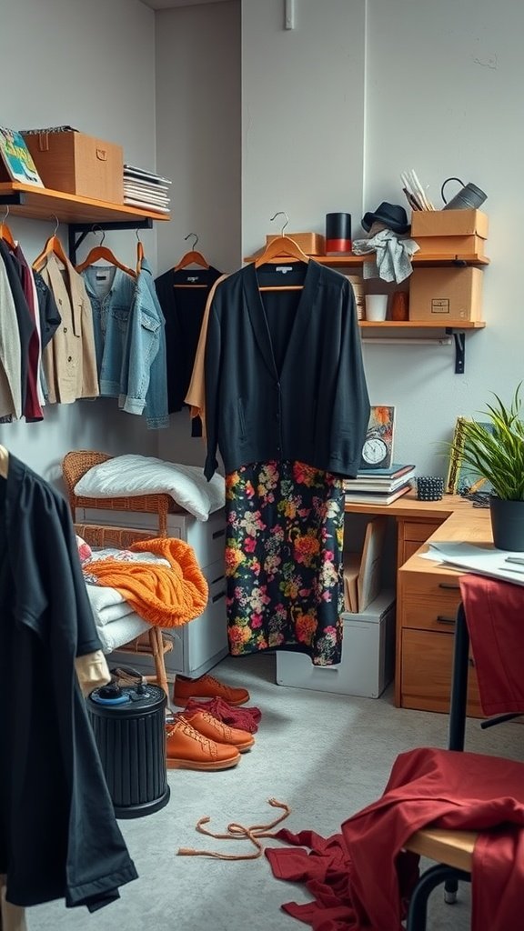A cozy room filled with various clothing items and crafting materials, showcasing potential for upcycling and DIY projects.