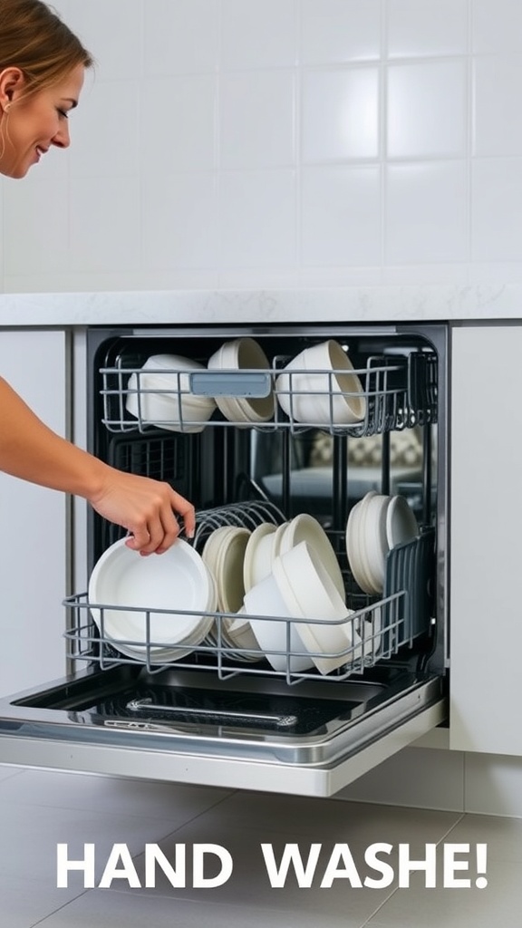 A person loading a dishwasher with plates.