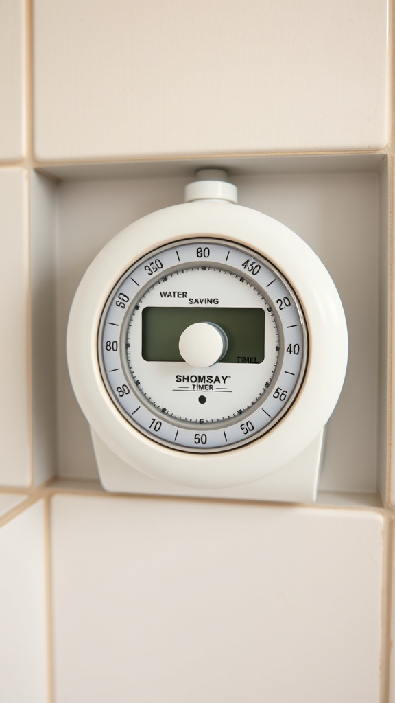 A water-saving shower timer mounted on a wall.