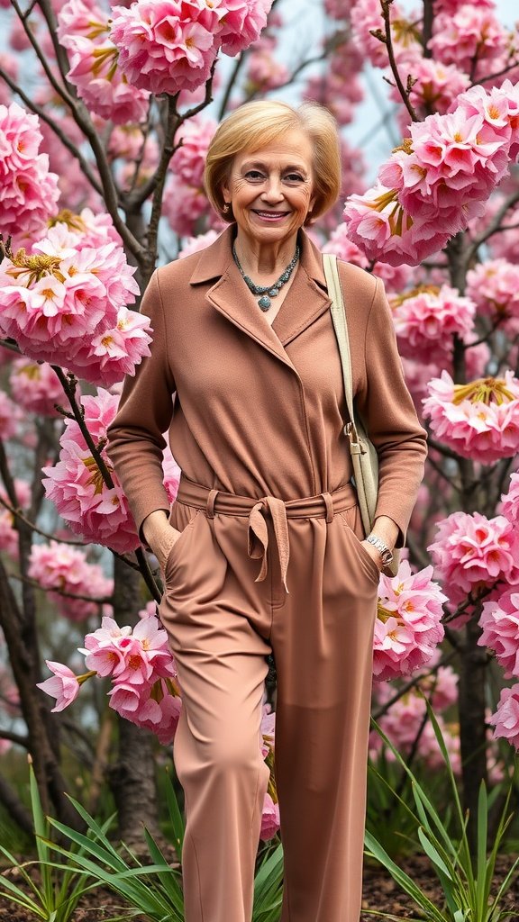 A stylish jumpsuit displayed among blooming flowers, showcasing effortless spring fashion.