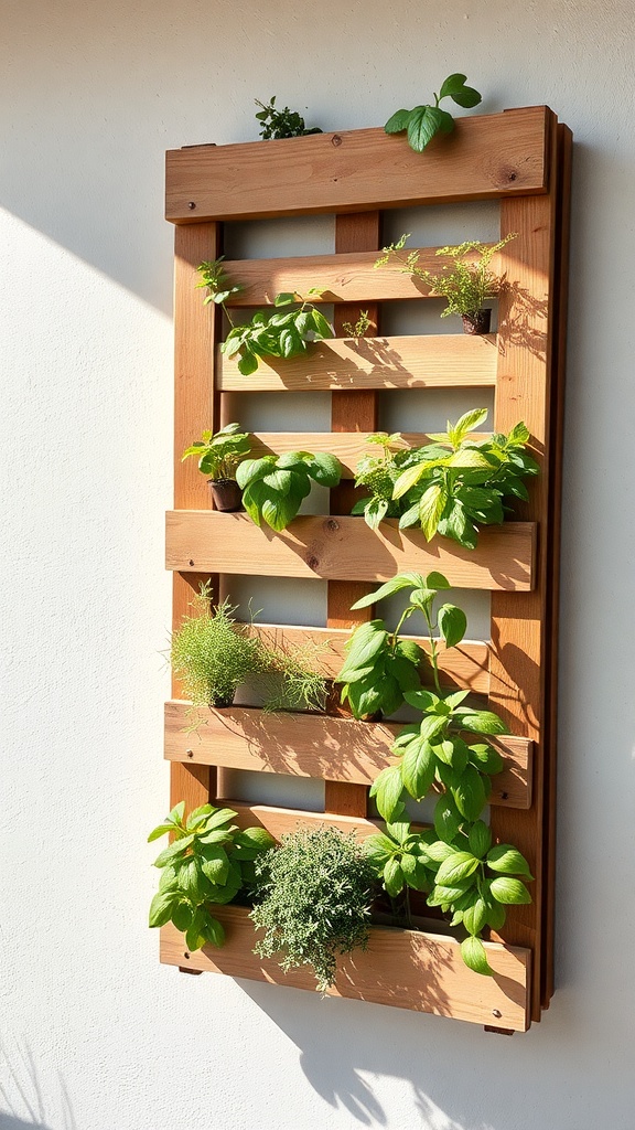 Vertical pallet herb garden with various herbs planted in pots.