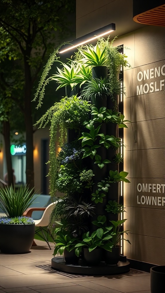 A vertical planter with LED lighting, showcasing various green plants.