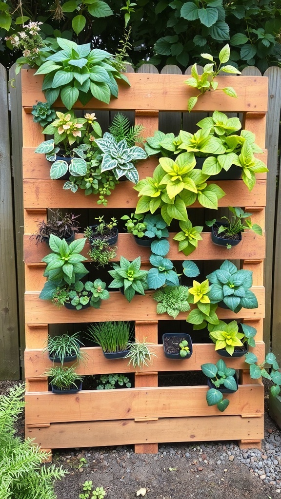 Vertical planter made from recycled pallets with various plants.