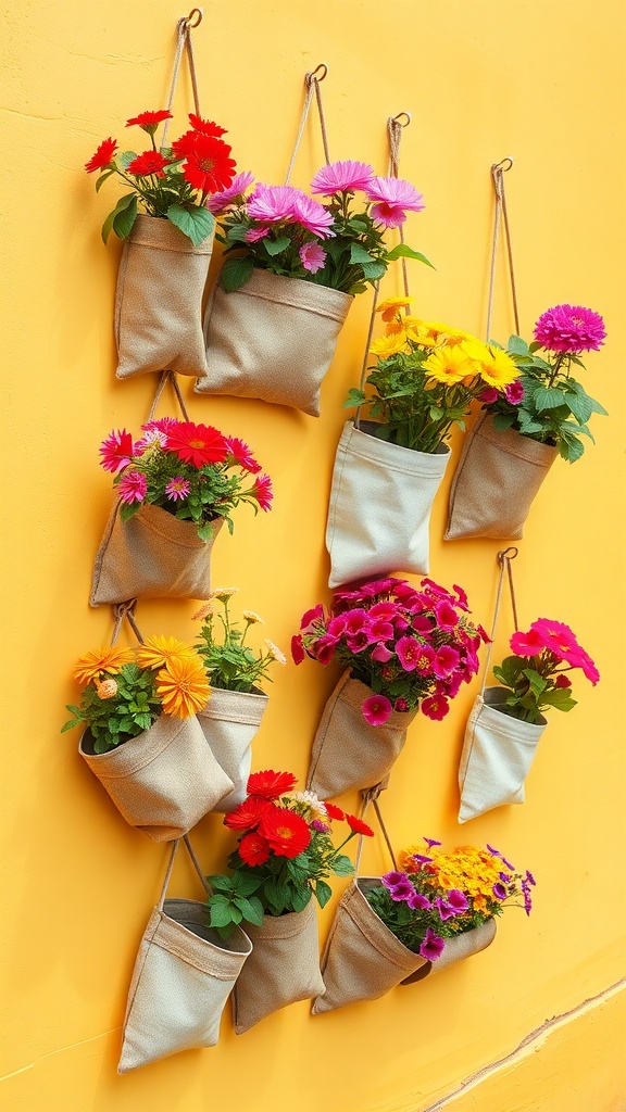 Colorful flowers in wall-mounted vertical pocket planters against a yellow wall.