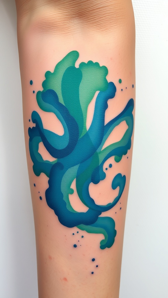 A vibrant blue and green abstract watercolor splash tattoo on a person's arm.