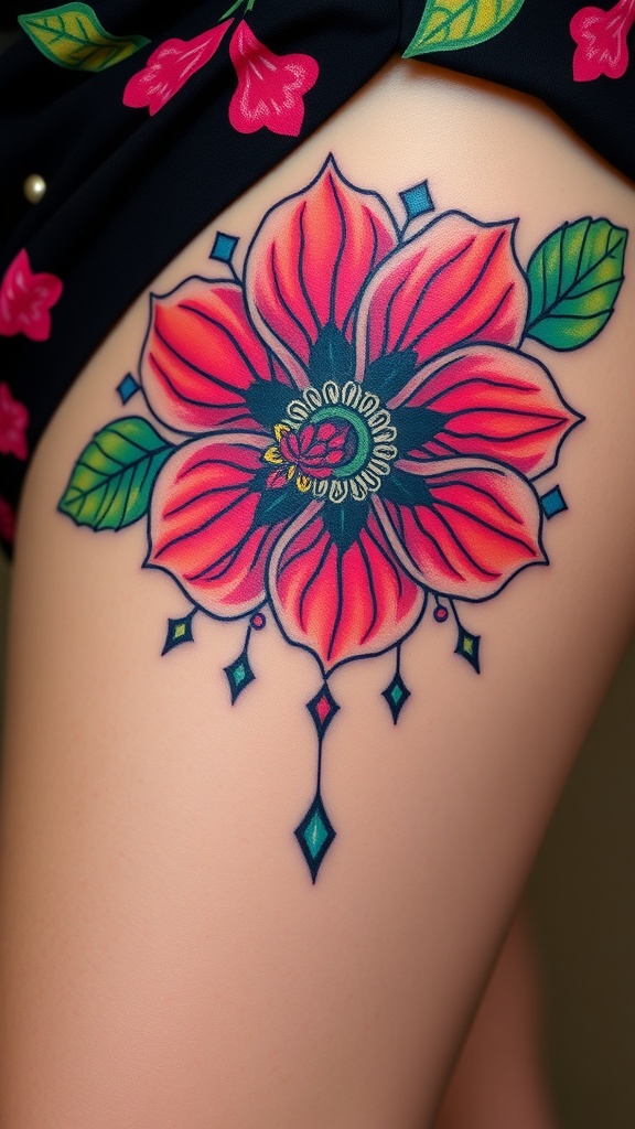 A vibrant hibiscus mandala tattoo featuring bold colors and intricate designs.