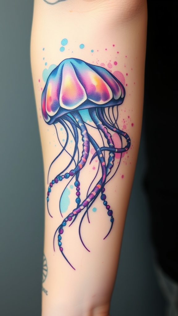 A vibrant jellyfish tattoo featuring bright colors and flowing tentacles.
