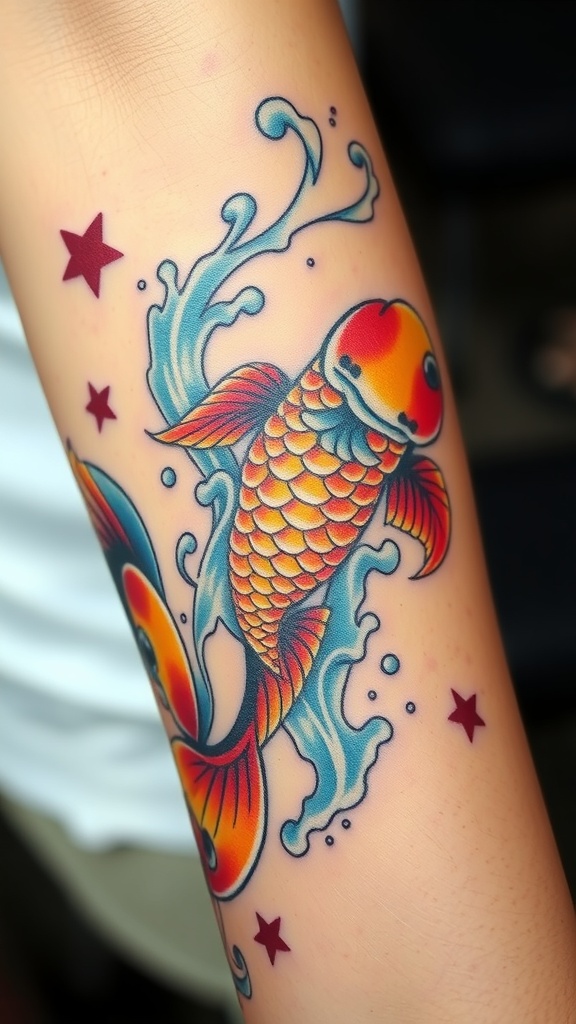 A vibrant koi fish tattoo featuring bright colors and water splashes on a person's arm.