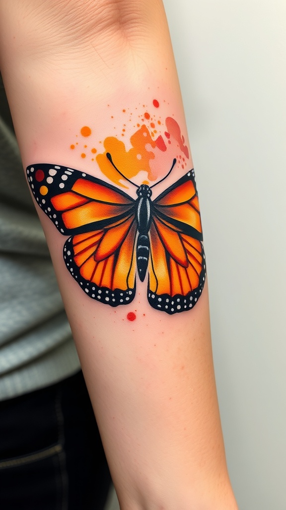 A vibrant monarch butterfly tattoo on a person's forearm.