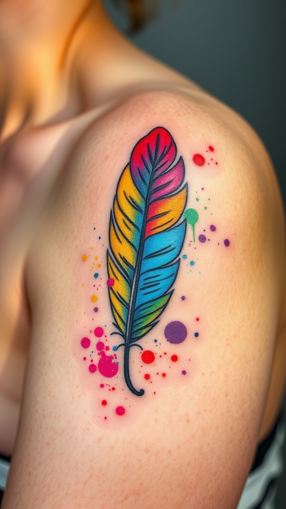 Colorful rainbow feather tattoo on shoulder