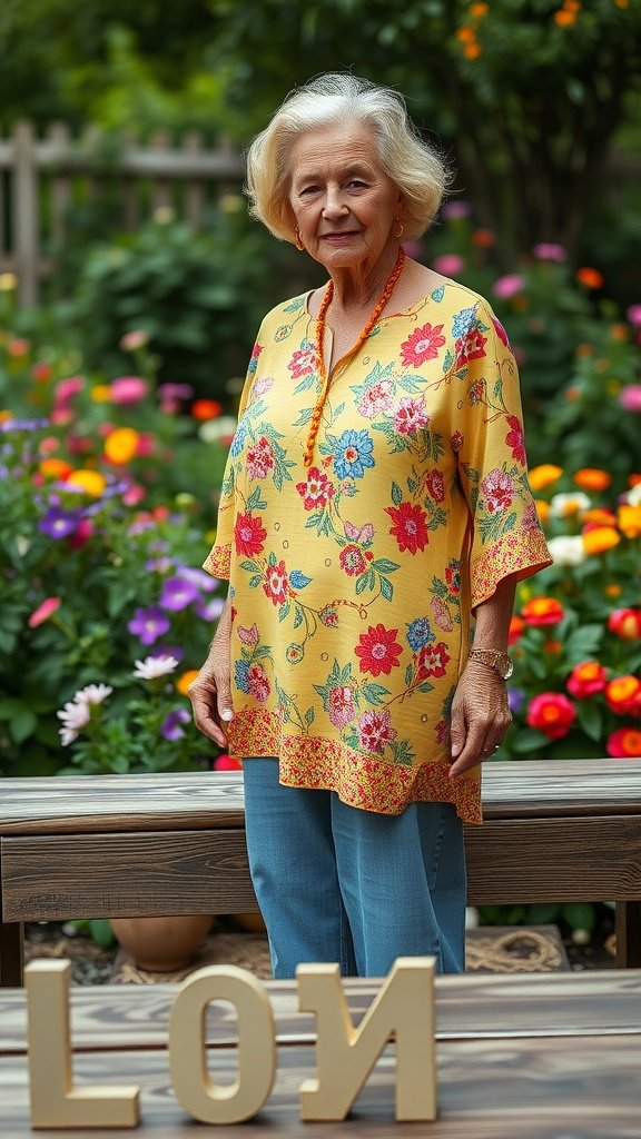 A woman wearing a vibrant yellow floral tunic, standing in a colorful garden.