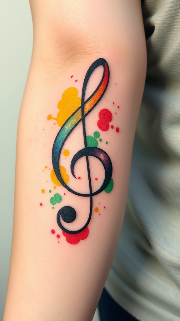 A colorful treble clef tattoo with splashes of red, yellow, and green on a person's arm.