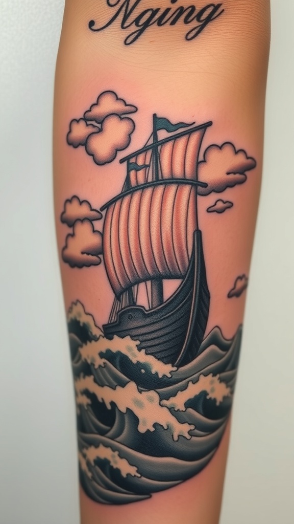 Tattoo of a Viking ship on stormy seas with clouds in the background.