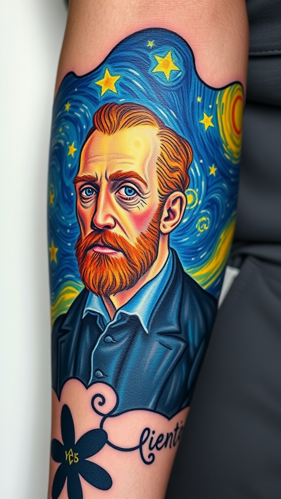 Tattoo of Vincent van Gogh with vibrant colors and expressive style.