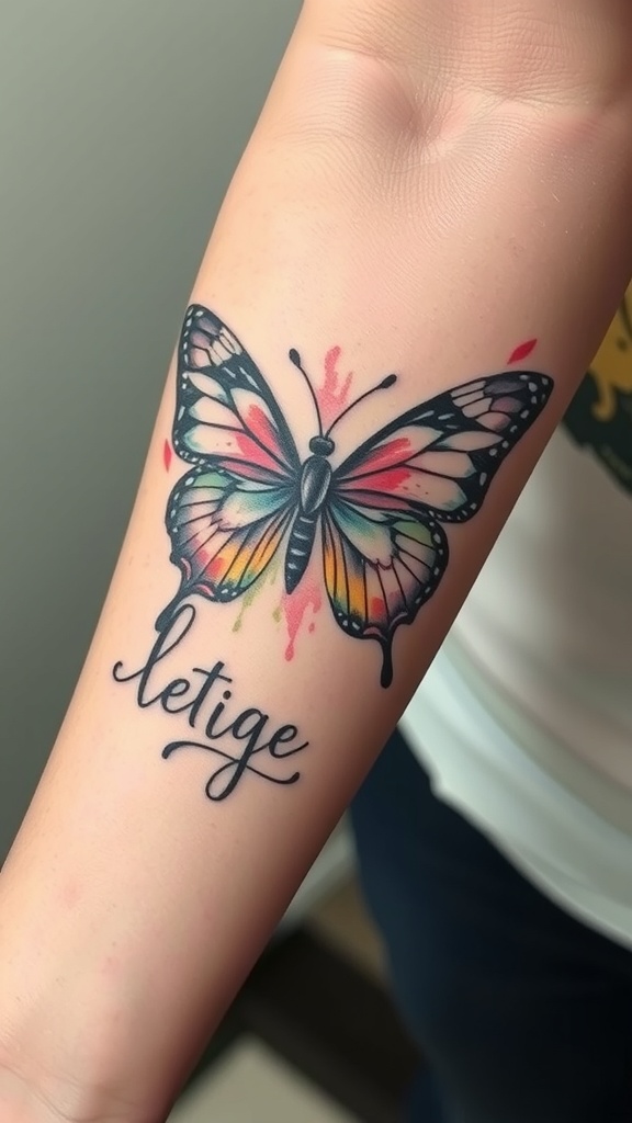 Vintage butterfly tattoo with colorful wings and script text
