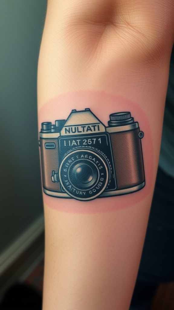 A realistic tattoo of a vintage camera on a person's arm.