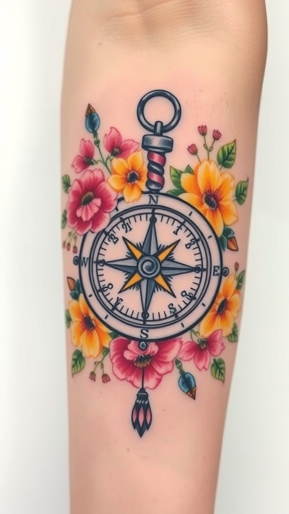 Vintage compass tattoo surrounded by colorful flowers