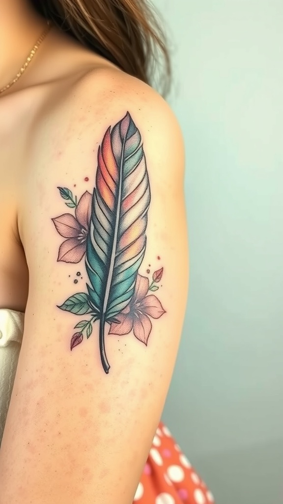 Vintage feather tattoo with floral elements in vibrant colors
