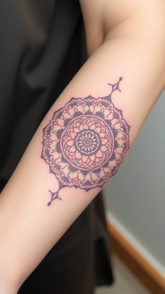 A close-up of a vintage lace mandala tattoo on the forearm.