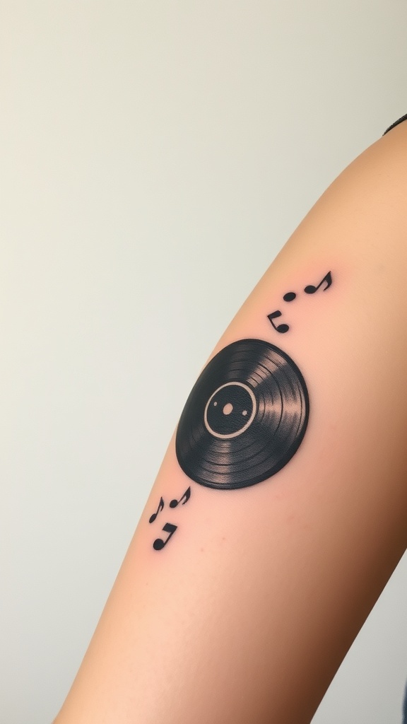 Tattoo of a vintage record with music notes on a person's arm.