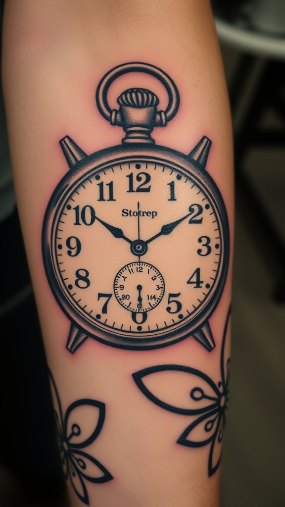 A detailed vintage stopwatch tattoo on an arm.