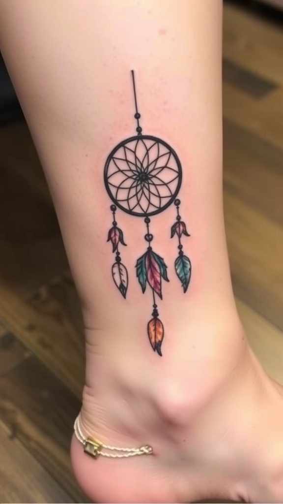 Vintage style dreamcatcher tattoo with colorful feathers on an ankle
