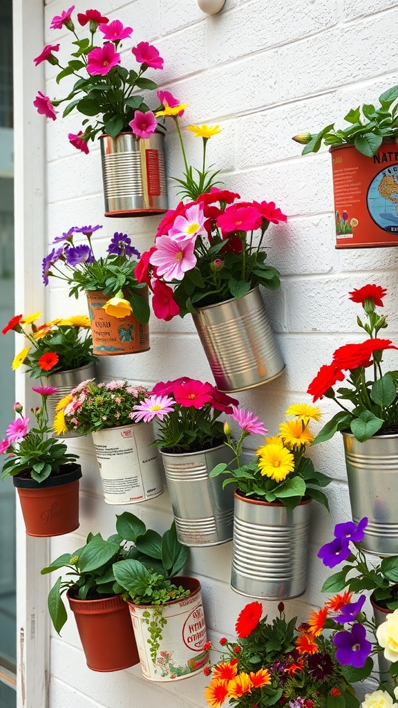 Colorful flowers in vintage tin can planters mounted on a wall.