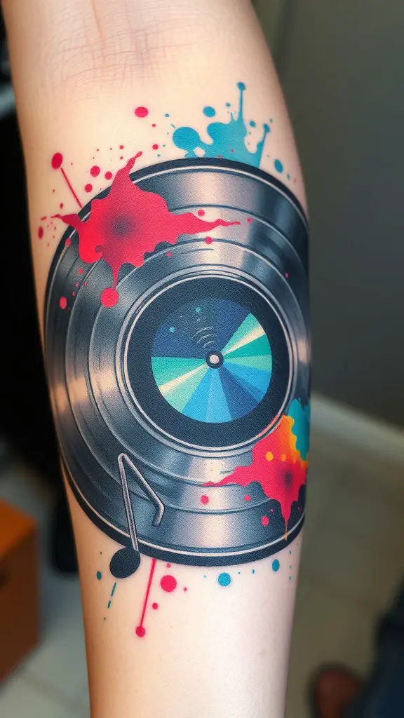 A vibrant tattoo of a vinyl record with colorful paint splashes and a music note.