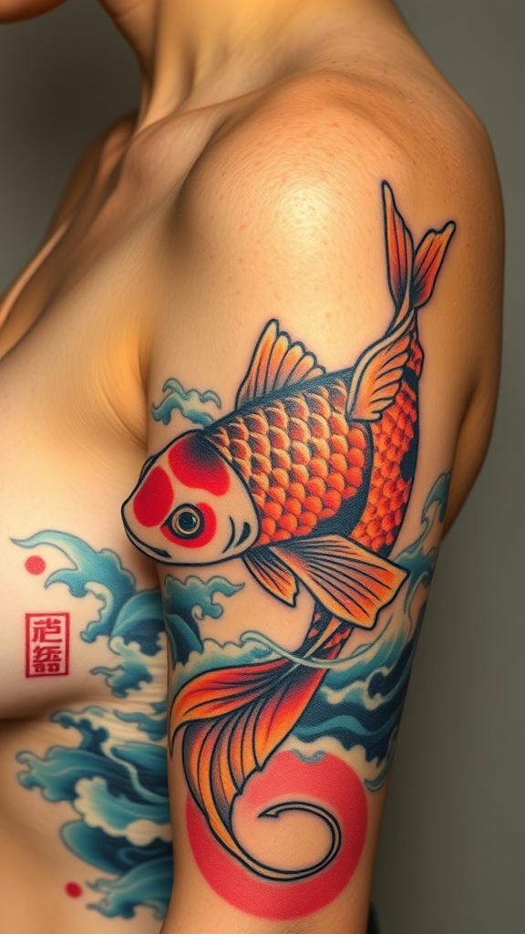 A vibrant tattoo of a koi fish swimming, showcasing bright colors and intricate details.