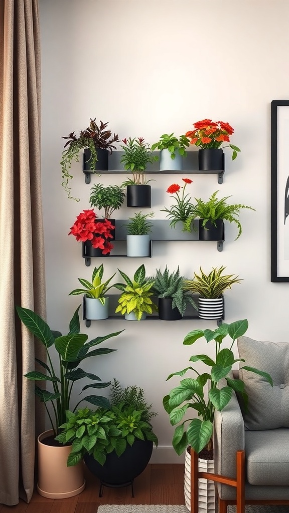 A stylish arrangement of wall-mounted planters with various houseplants, enhancing a cozy living space.