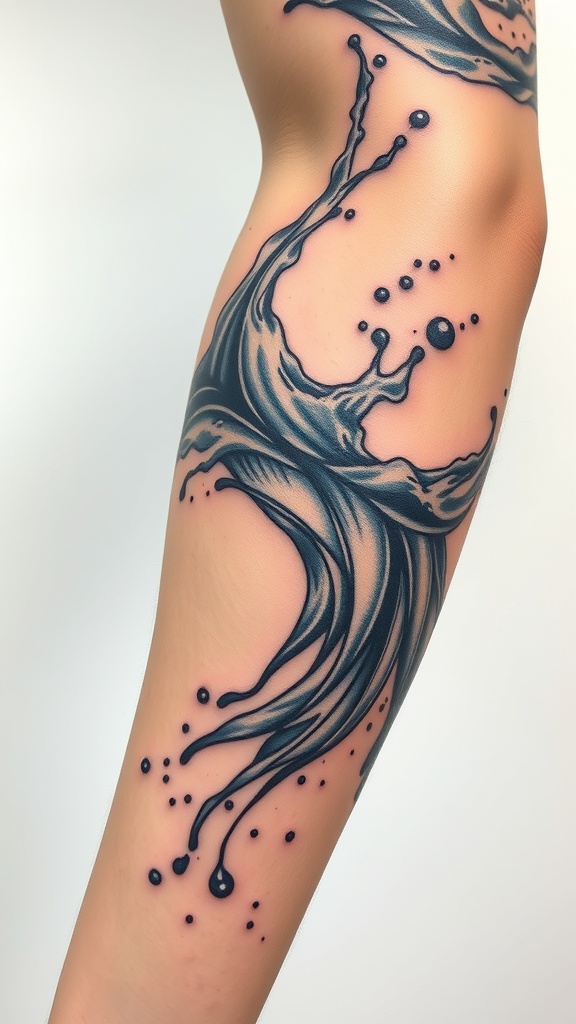 A detailed water splash tattoo on a person's arm, showcasing flowing lines and droplets.