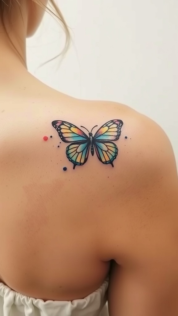 A watercolor butterfly tattoo on the shoulder with colorful splashes.