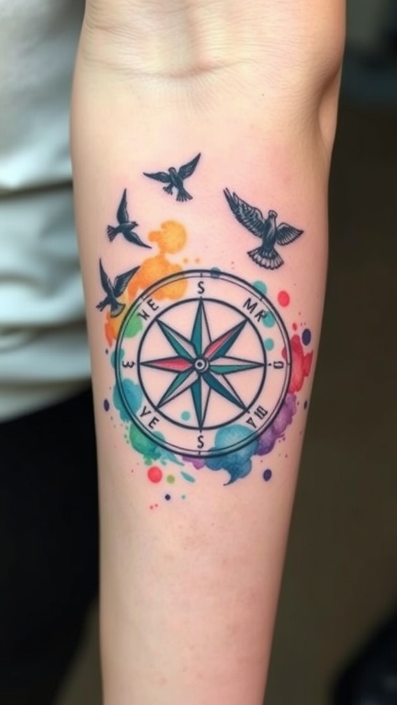 A watercolor compass tattoo featuring colorful splashes and birds flying around it.