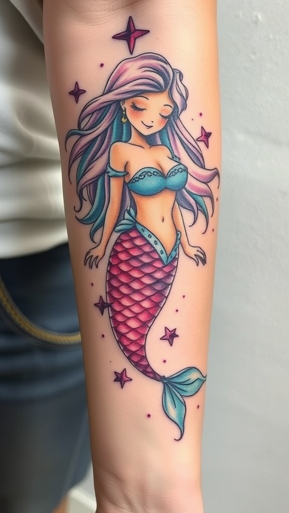 A colorful watercolor mermaid tattoo on a person's forearm, featuring a smiling mermaid with flowing hair and a fish tail, surrounded by stars.