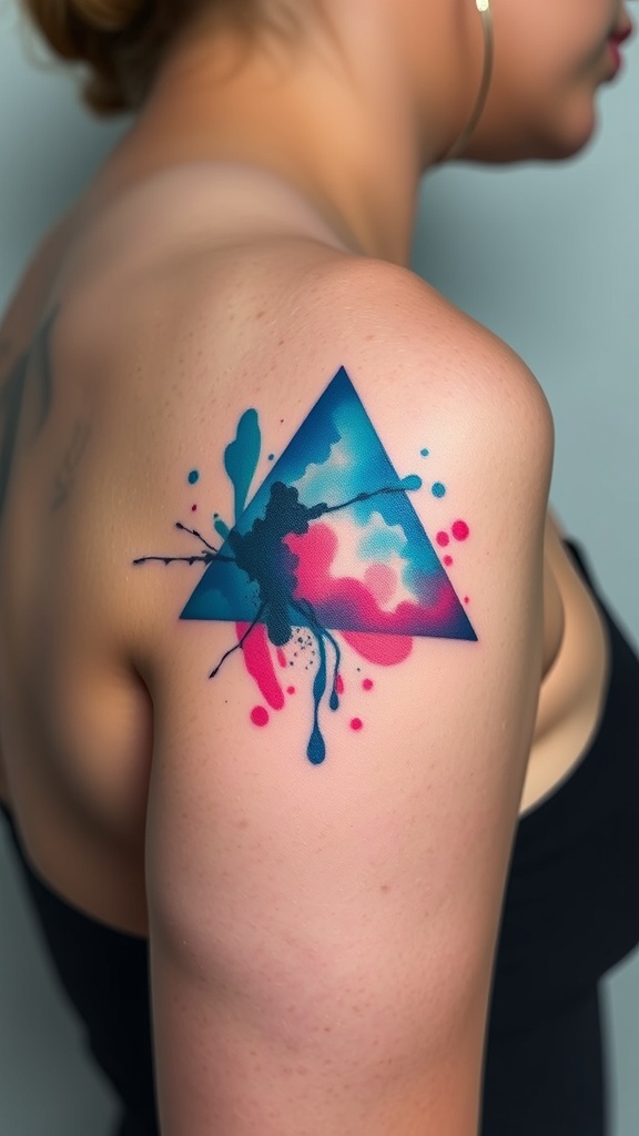 A colorful watercolor triangle tattoo on a person's shoulder.