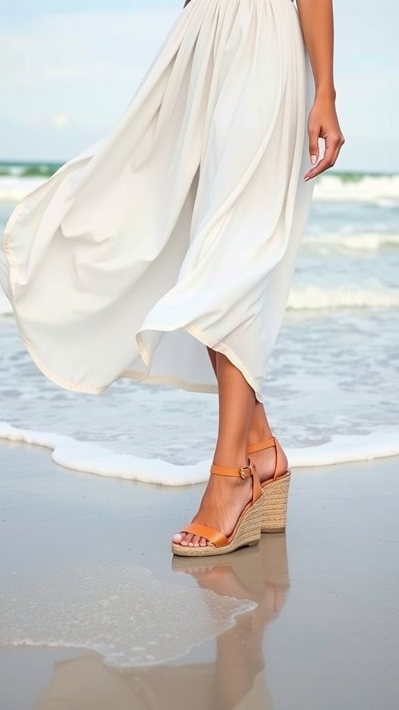 A woman wearing wedge sandals and a flowing white maxi dress standing by the beach.