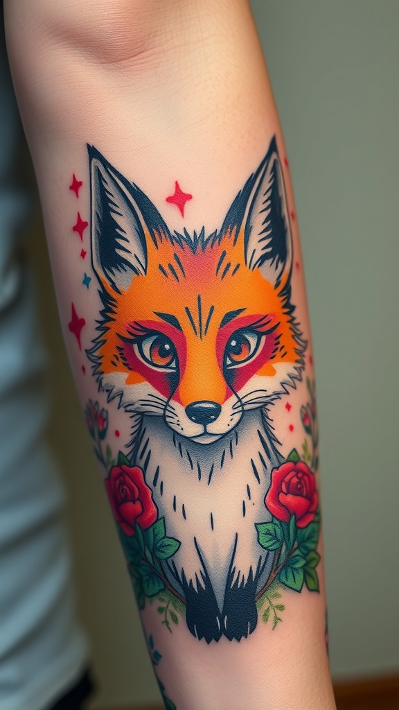 A colorful tattoo of a fox with human-like features, surrounded by roses.