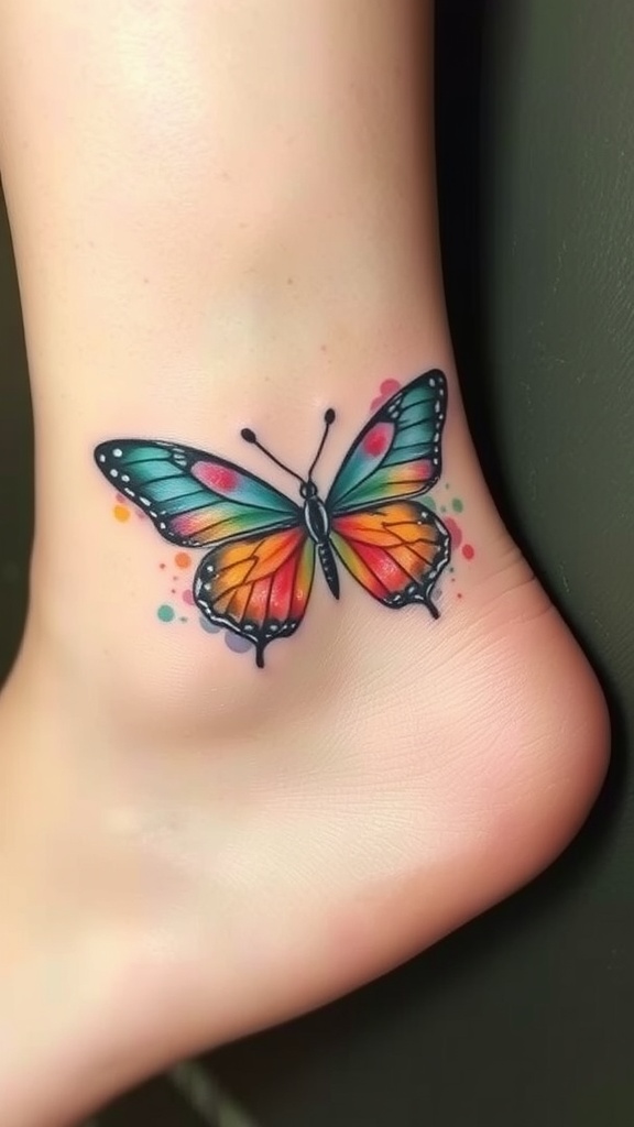 Colorful butterfly tattoo on ankle with watercolor splash effect.